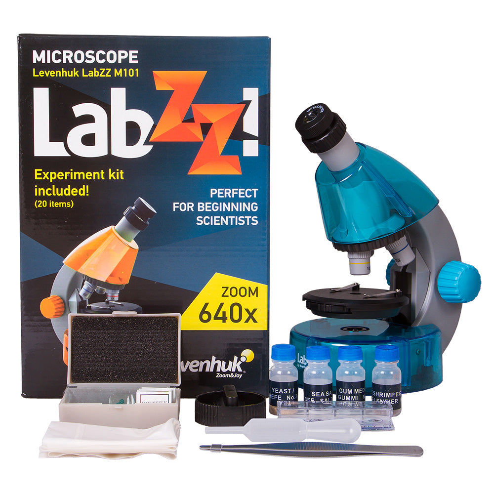 Levenhuk LabZZ M101 with its box and experiment kit