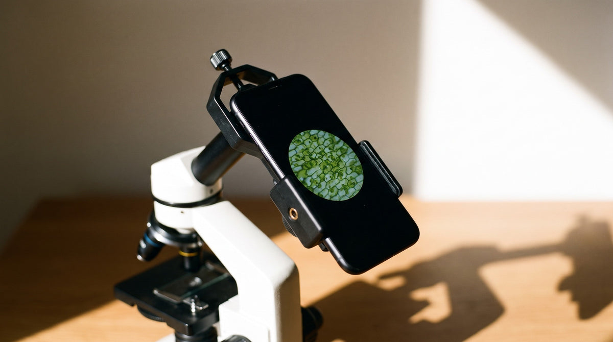 A smartphone held over the eyepiece of a compound microscope by a phone adapter, showing plant cells on the screen