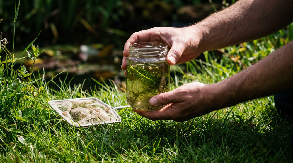 Hands holding a jam jar of pond water and pondweed at the edge of a garden pond, with a fine net on the grass