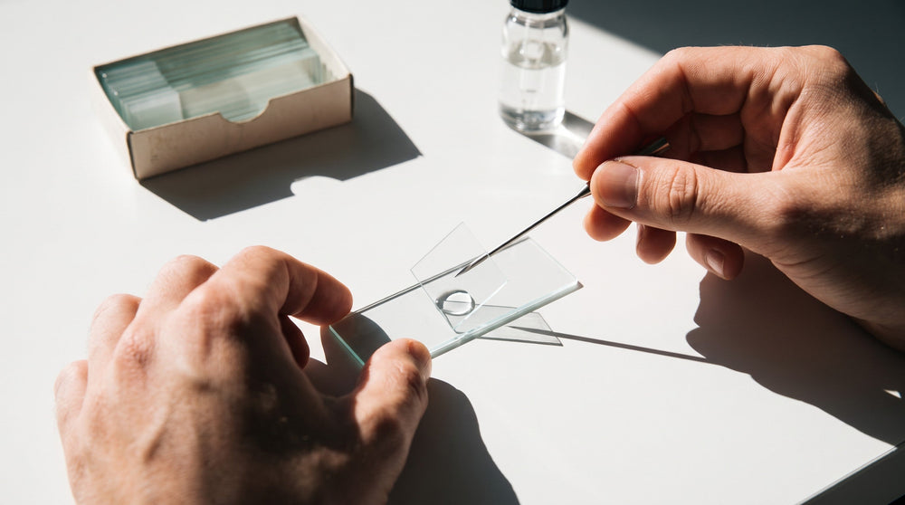 Hands lowering a glass cover slip onto a drop of water on a microscope slide with a mounting needle