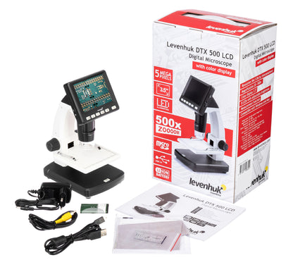 Levenhuk DTX 500 LCD with its box and accessories