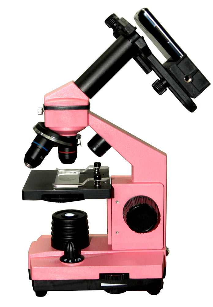 Levenhuk A10 adapter holding a phone on a microscope