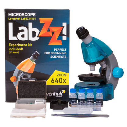 Levenhuk LabZZ M101 with its box and experiment kit
